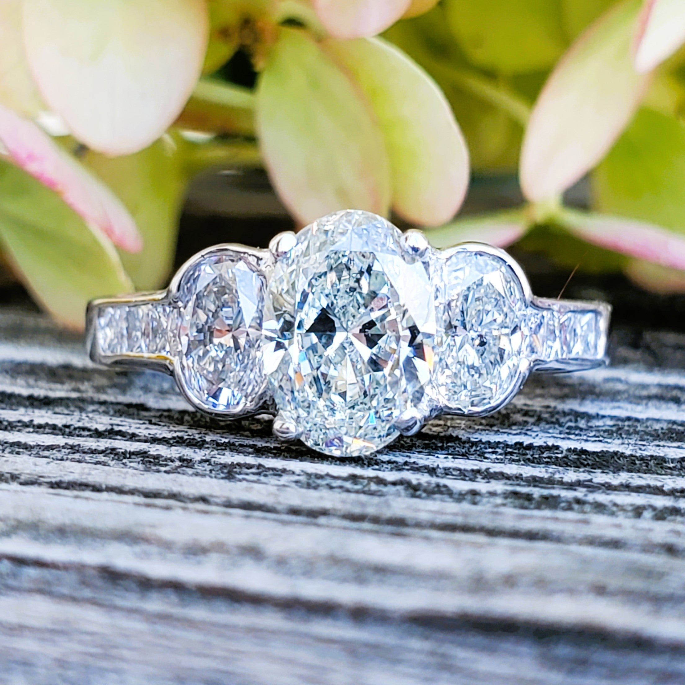 14K White Gold 2.25 Carat Three Oval Diamond Halo Ring DSR-23807