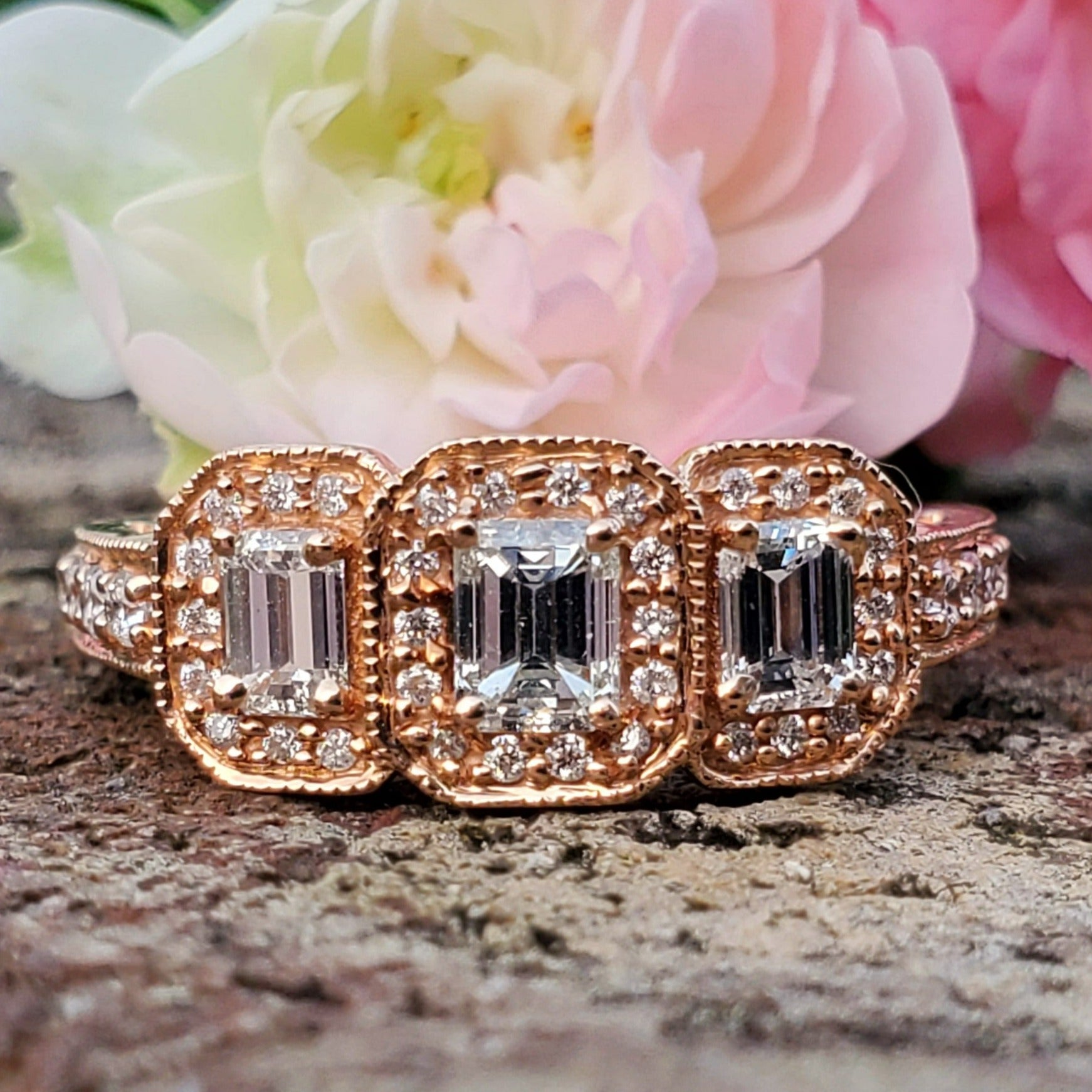 14K Rose gold 1.05 CTW Three Emerald Cut Diamond Halo Ring DFR-25790