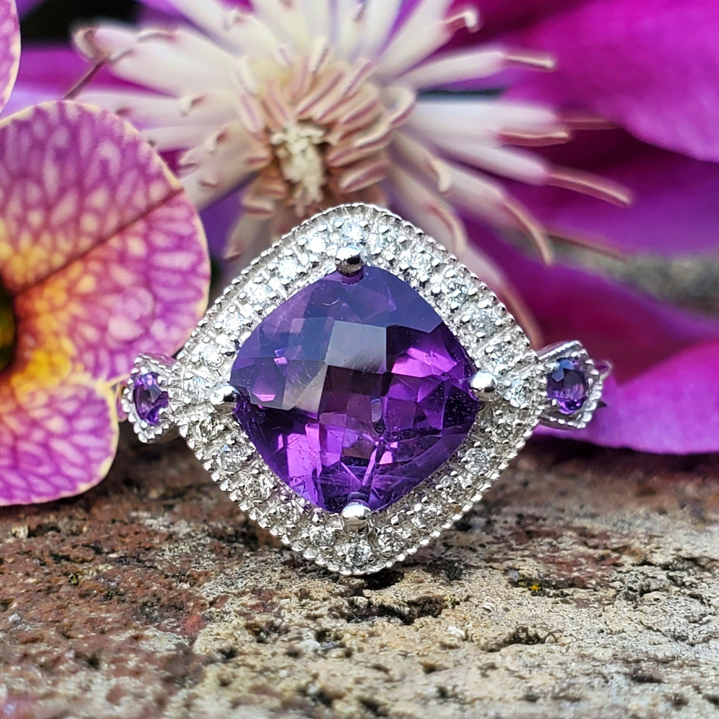 14k White Gold Square Amethyst and Diamond Gemstone Ring   DCR-24545