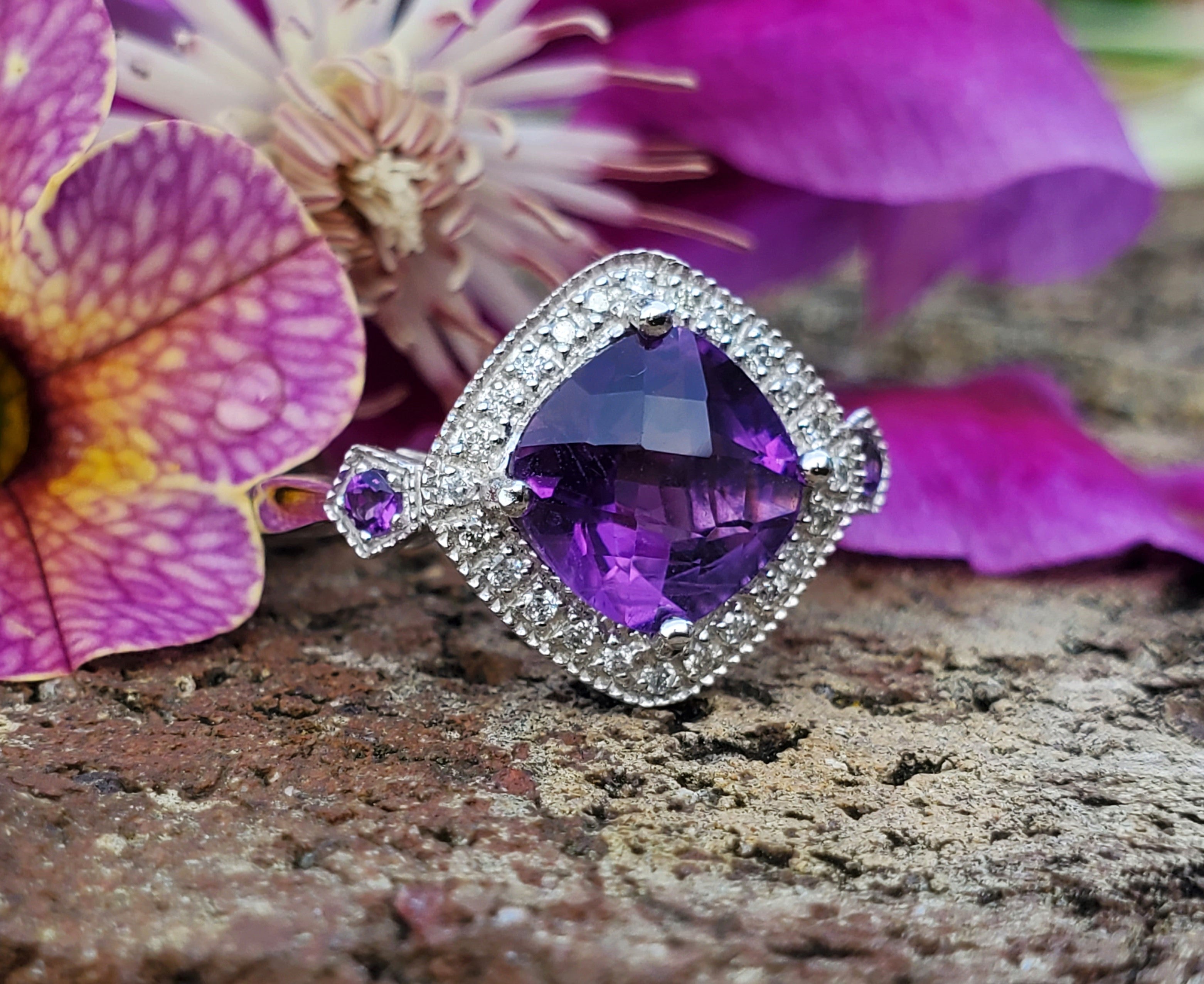 14k White Gold Square Amethyst and Diamond Gemstone Ring   DCR-24545
