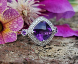 14k White Gold Square Amethyst and Diamond Gemstone Ring   DCR-24545
