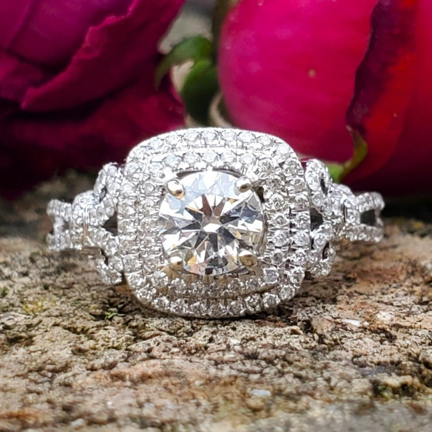 14K White Gold Double Halo Natural & Lab Grown Diamond Ring - DSR-23710