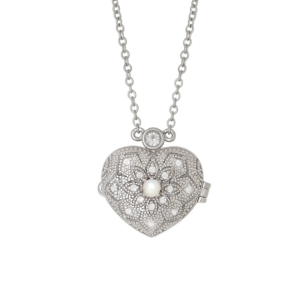 afa   Sterling Silver Filigree Heart Locket Genuine Gemstone Pendants - All Months