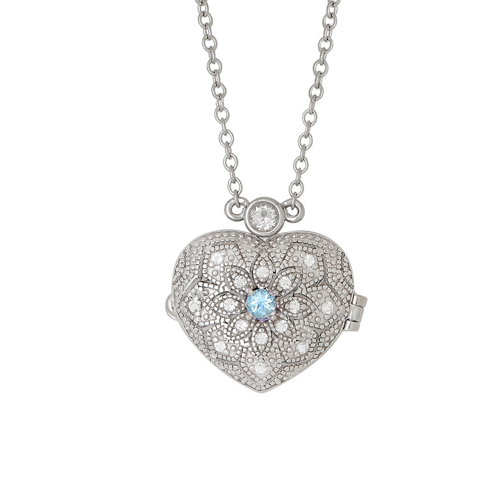 afa   Sterling Silver Filigree Heart Locket Genuine Gemstone Pendants - All Months