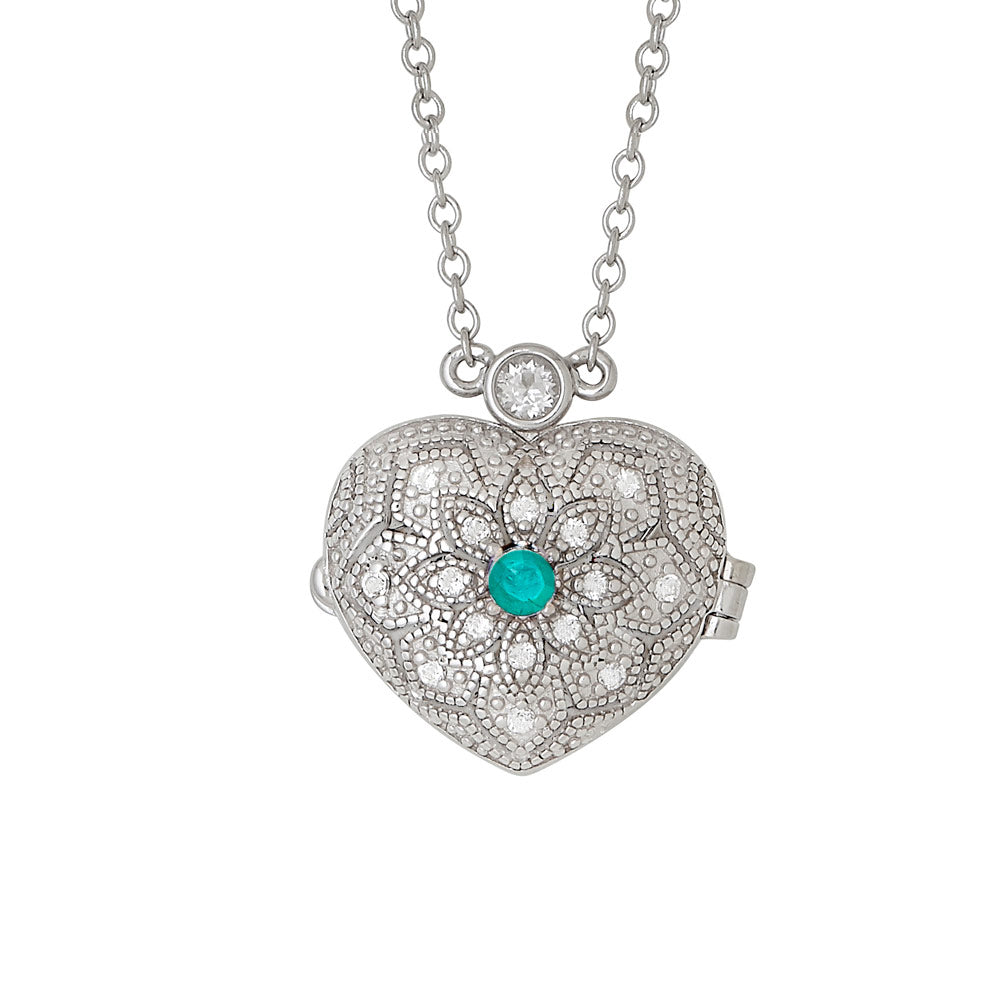 afa   Sterling Silver Filigree Heart Locket Genuine Gemstone Pendants - All Months