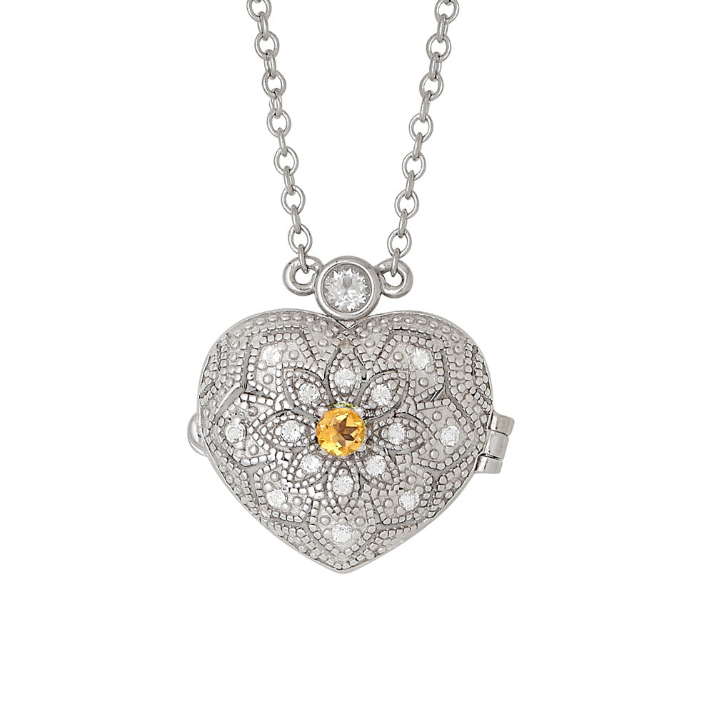 afa   Sterling Silver Filigree Heart Locket Genuine Gemstone Pendants - All Months