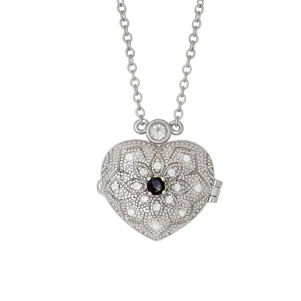 afa   Sterling Silver Filigree Heart Locket Genuine Gemstone Pendants - All Months