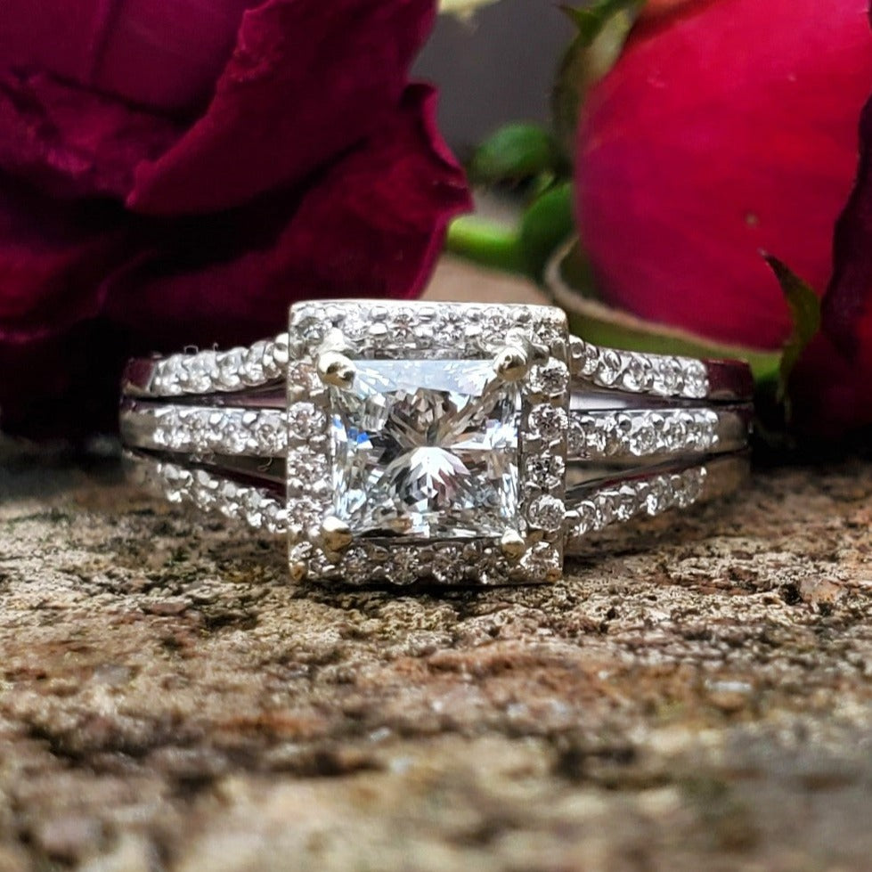 14k White Gold Princess Cut Natural & Lab Grown Diamond Ring & Band  -  DSR-23296