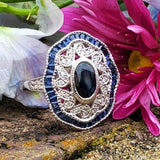 14K White Gold Oval Blue Sapphire & Diamond Filigree Ring  DCR- 24706