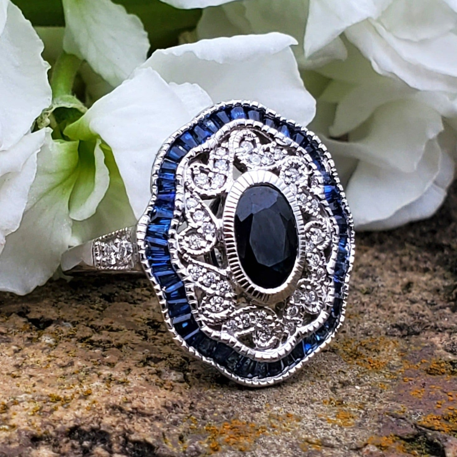 14K White Gold Oval Blue Sapphire & Diamond Filigree Ring  DCR- 24706