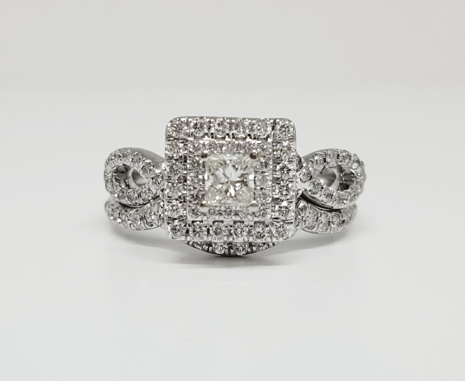 14k White Gold 1 CTW Diamond Princess Cut Double Halo Ring DSR-23725