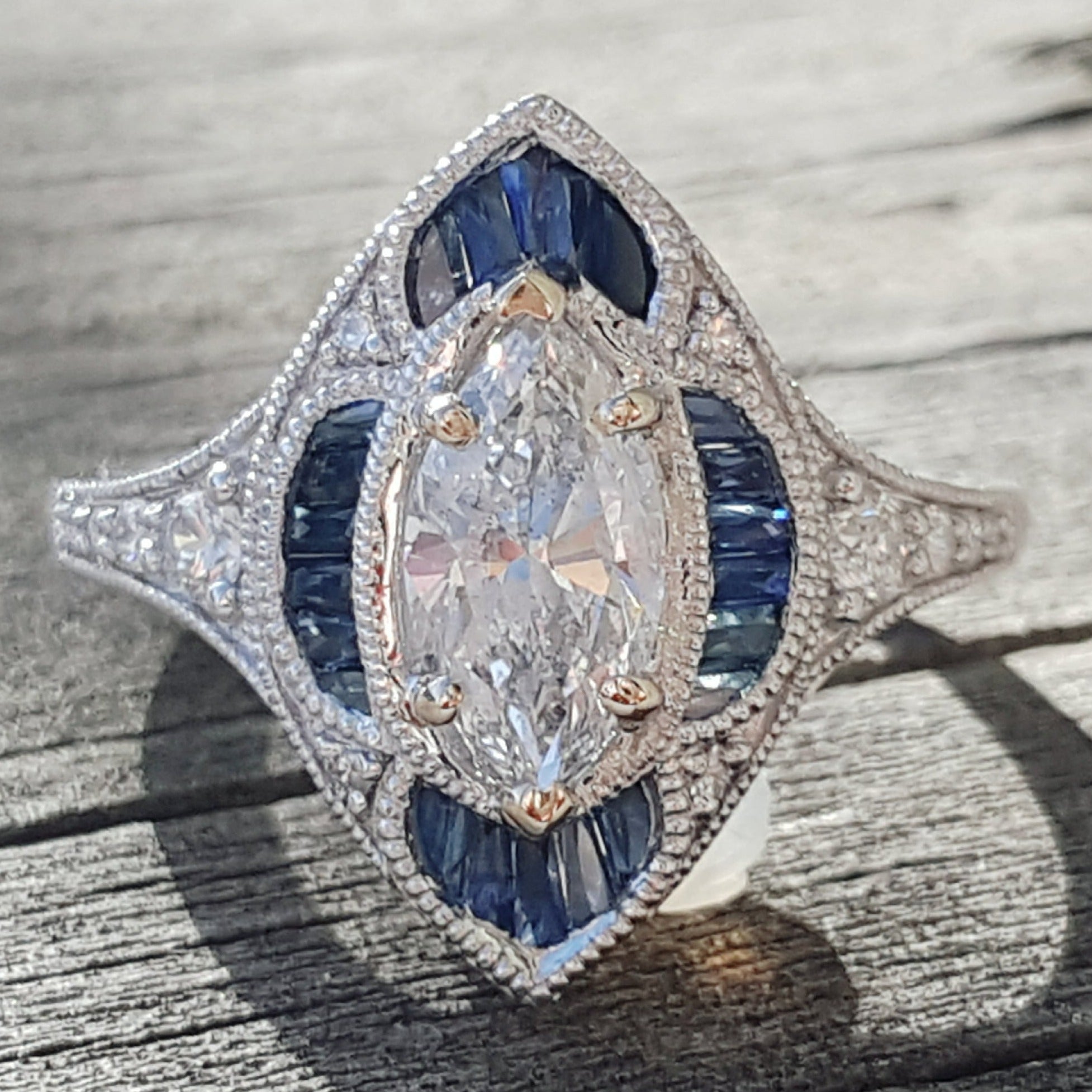 14K White Gold 1.19ctw Marquise Diamond & Sapphire Ring DSR-23656