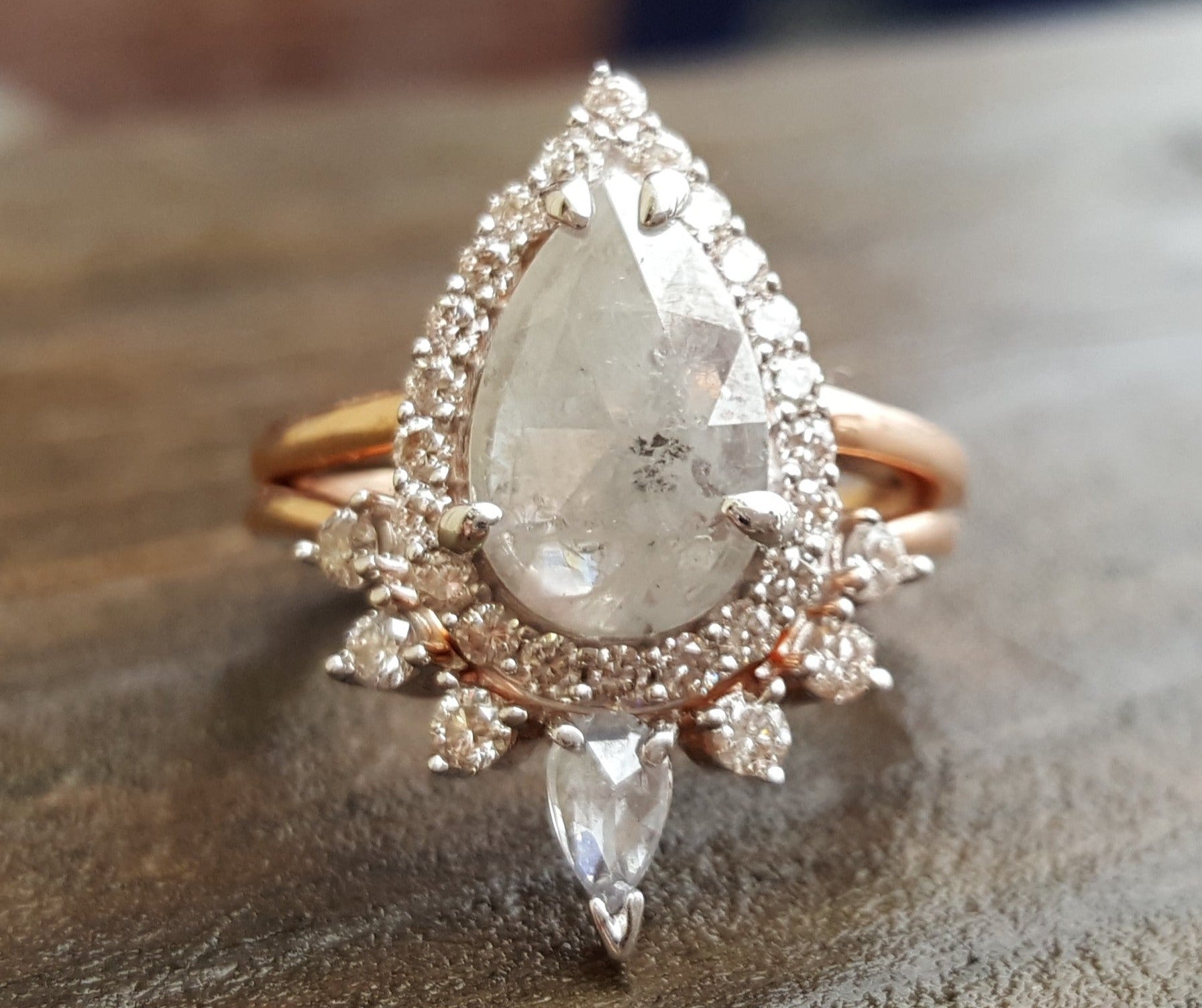 14k Rose Gold 1.87 CTW Pear Shape Salt & Pepper Diamond Ring & Band - DBS-22902