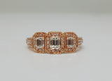 14K Rose gold 1.05 CTW Three Emerald Cut Diamond Halo Ring DFR-25790