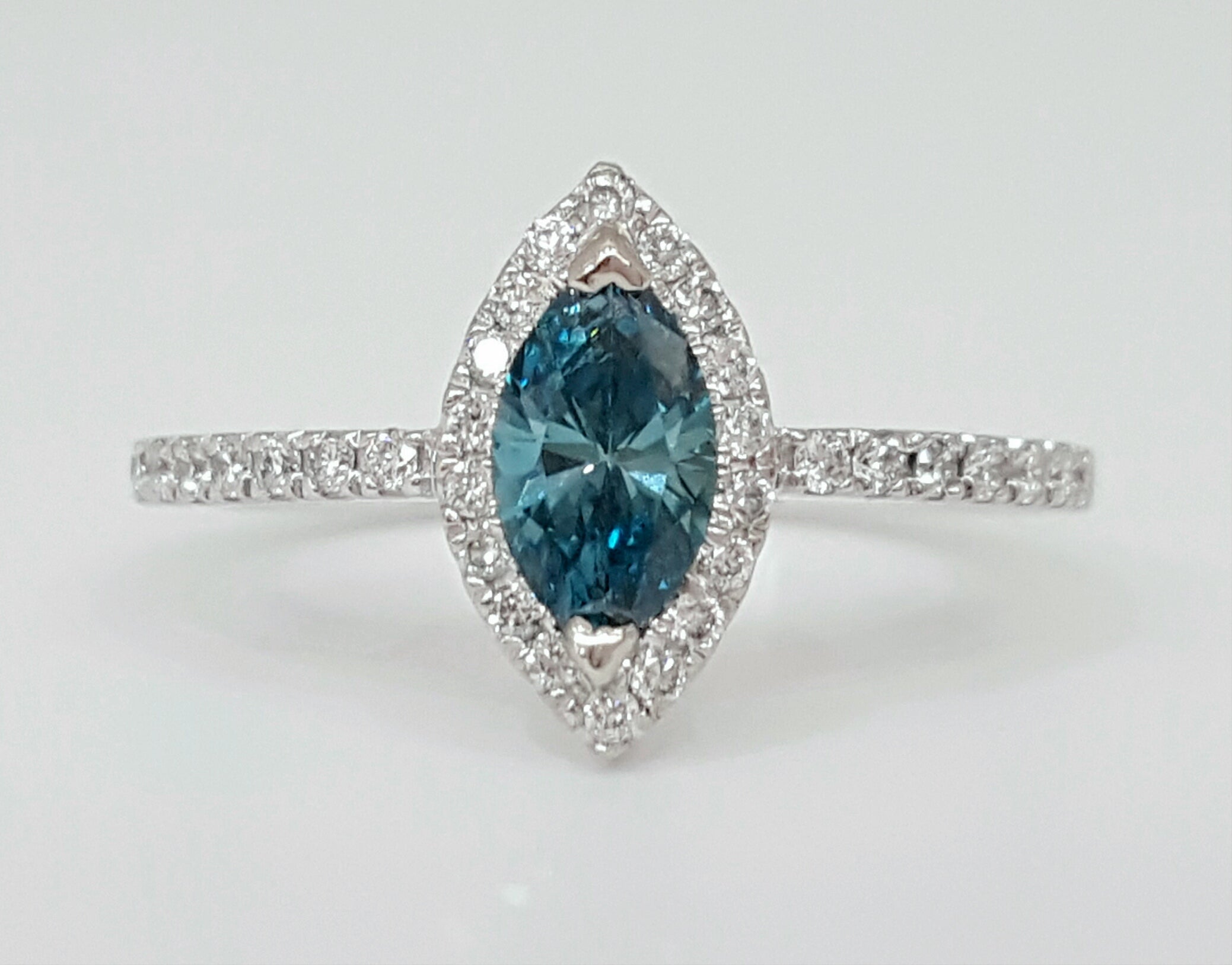 14k White Gold Marquise Blue  & White Diamond Halo Ring - DSR-23372