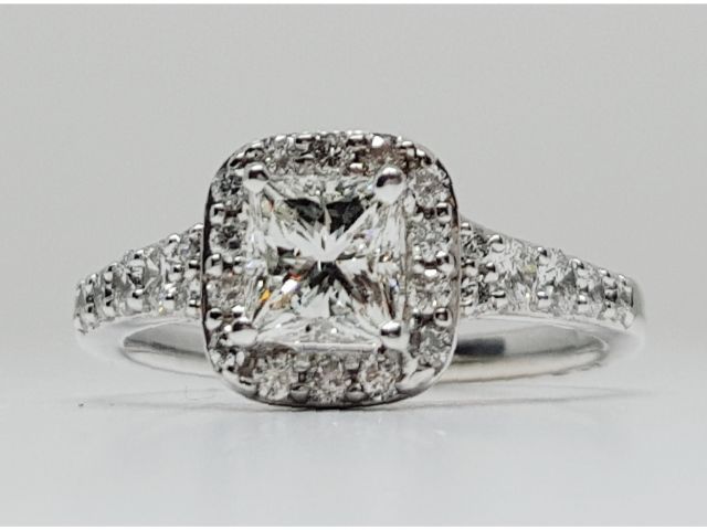 14k White Gold 1.35 CTW Princess Cut Halo Diamond Ring - DSR-23555