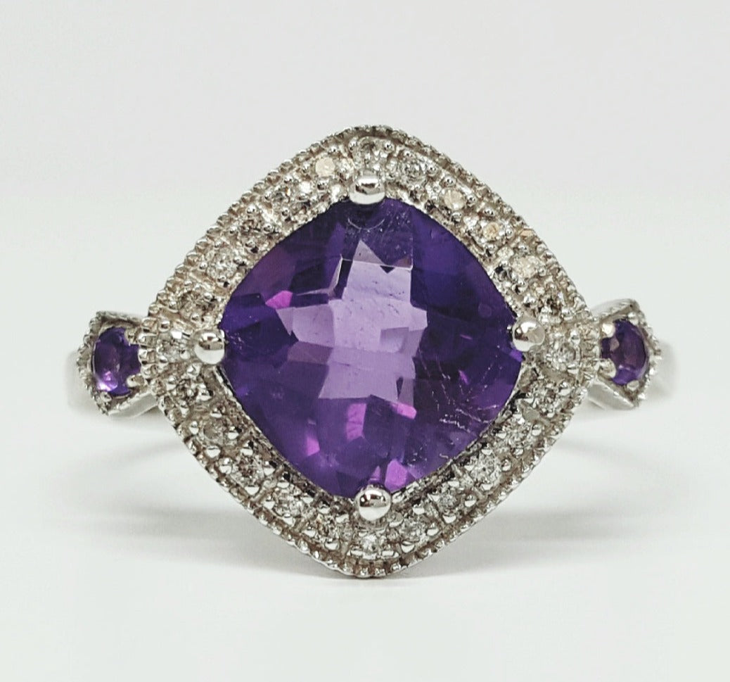 14k White Gold Square Amethyst and Diamond Gemstone Ring   DCR-24545