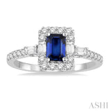 6x4 MM Octagon Cut Sapphire and 1/2 Ctw Round Cut Diamond Precious Ring in 14K White Gold
