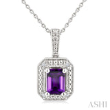 7X5 MM Octagon Shape Amethyst and 1/50 Ctw Round Cut Diamond Semi-precious Pendant With Chain in Sterling Silver