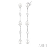 4 MM Round Shape Cultured Pearl and 1/20 Ctw Round Cut Diamond Station Long Earrings in 14K White Gold