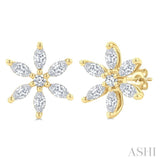 3/8 Ctw Floral Motif Marquise and Round Cut Diamond Fashion Stud Earring in 14K Yellow Gold