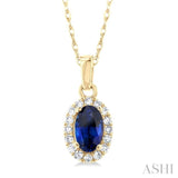 5x3 MM Oval Shape Sapphire and 1/20 Ctw Single Cut Diamond Halo Precious Pendant with Chain in 10K Yellow Gold
