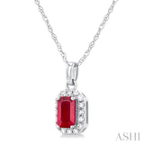 5x3 MM Octagonal Shape Ruby and 1/20 Ctw Single Cut Diamond Halo Precious Pendant with Chain in 10K White Gold