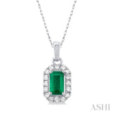 5x3 MM Octagonal Shape Emerald and 1/20 Ctw Single Cut Diamond Halo Precious Pendant with Chain in 10K White Gold