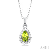 5x3 MM Pear Shape Peridot and 1/20 Ctw Single Cut Diamond Halo Semi-Precious Pendant with Chain in 10K White Gold