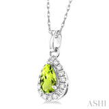 5x3 MM Pear Shape Peridot and 1/20 Ctw Single Cut Diamond Halo Semi-Precious Pendant with Chain in 10K White Gold