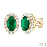 5x3 MM Oval Shape Emerald and 1/8 Ctw Single Cut Diamond Halo Precious Stud Earrings in 10K Yellow Gold