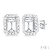 6x4 MM Octagonal Shape White Topaz and 1/4 Ctw Round Cut Diamond Halo Semi-Precious Stud Earrings in 14K White Gold