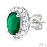 5x3 MM Oval Shape Emerald and 1/8 Ctw Single Cut Diamond Halo Precious Stud Earrings in 14K White Gold