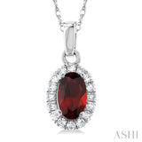 5x3 MM Oval Shape Garnet and 1/20 Ctw Single Cut Diamond Halo Semi-Precious Pendant with Chain in 10K White Gold