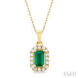 5x3 MM Octagonal Shape Emerald and 1/20 Ctw Single Cut Diamond Halo Precious Pendant with Chain in 14K Yellow Gold
