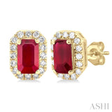 5x3 MM Octagonal Shape Ruby and 1/8 Ctw Single Cut Diamond Halo Precious Stud Earrings in 10K Yellow Gold