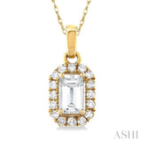 5x3 MM Octagonal Shape White Topaz and 1/20 Ctw Single Cut Diamond Halo Semi-Precious Pendant with Chain in 14K Yellow Gold