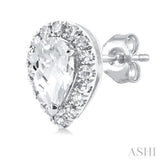 5x3 MM Pear Shape White Topaz and 1/8 Ctw Single Cut Diamond Halo Semi-Precious Stud Earrings in 14K White Gold