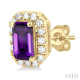 5x3 MM Octagonal Shape Amethyst and 1/8 Ctw Single Cut Diamond Halo Semi-Precious Stud Earrings in 14K Yellow Gold