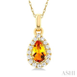 5x3 MM Pear Shape Citrine and 1/20 Ctw Single Cut Diamond Halo Semi-Precious Pendant with Chain in 10K Yellow Gold
