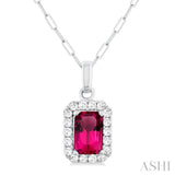 6x4 MM Octagonal Shape Pink Tourmaline and 1/6 Ctw Round Cut Diamond Halo Semi-Precious Pendant with Chain in 10K White Gold