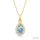 5x3 MM Pear Shape Aquamarine and 1/20 Ctw Single Cut Diamond Halo Semi-Precious Pendant with Chain in 10K Yellow Gold