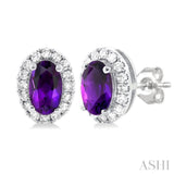 5x3 MM Oval Shape Amethyst and 1/8 Ctw Single Cut Diamond Halo Semi-Precious Stud Earrings in 14K White Gold