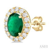 6x4 MM Oval Shape Emerald and 1/4 Ctw Round Cut Diamond Halo Precious Stud Earrings in 14K Yellow Gold