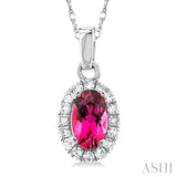 5x3 MM Oval Shape Pink Tourmaline and 1/20 Ctw Single Cut Diamond Halo Semi-Precious Pendant with Chain in 10K White Gold