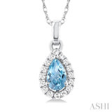 5x3 MM Pear Shape Aquamarine and 1/20 Ctw Single Cut Diamond Halo Semi-Precious Pendant with Chain in 14K White Gold
