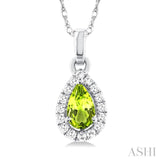 5x3 MM Pear Shape Peridot and 1/20 Ctw Single Cut Diamond Halo Semi-Precious Pendant with Chain in 14K White Gold