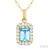 6x4 MM Octagonal Shape Aquamarine and 1/6 Ctw Round Cut Diamond Halo Semi-Precious Pendant with Chain in 10K Yellow Gold