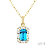 6x4 MM Octagonal Shape Blue Topaz and 1/6 Ctw Round Cut Diamond Halo Semi-Precious Pendant with Chain in 14K Yellow Gold