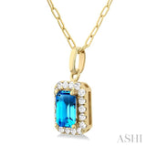 6x4 MM Octagonal Shape Blue Topaz and 1/6 Ctw Round Cut Diamond Halo Semi-Precious Pendant with Chain in 14K Yellow Gold